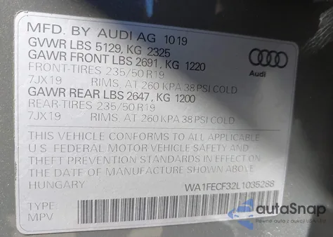 2020 Audi Q3 Prestige 45 Tfsi S Line Quattro Tiptronic z USA, uszkodzony, nr VIN WA1FECF32L1035288